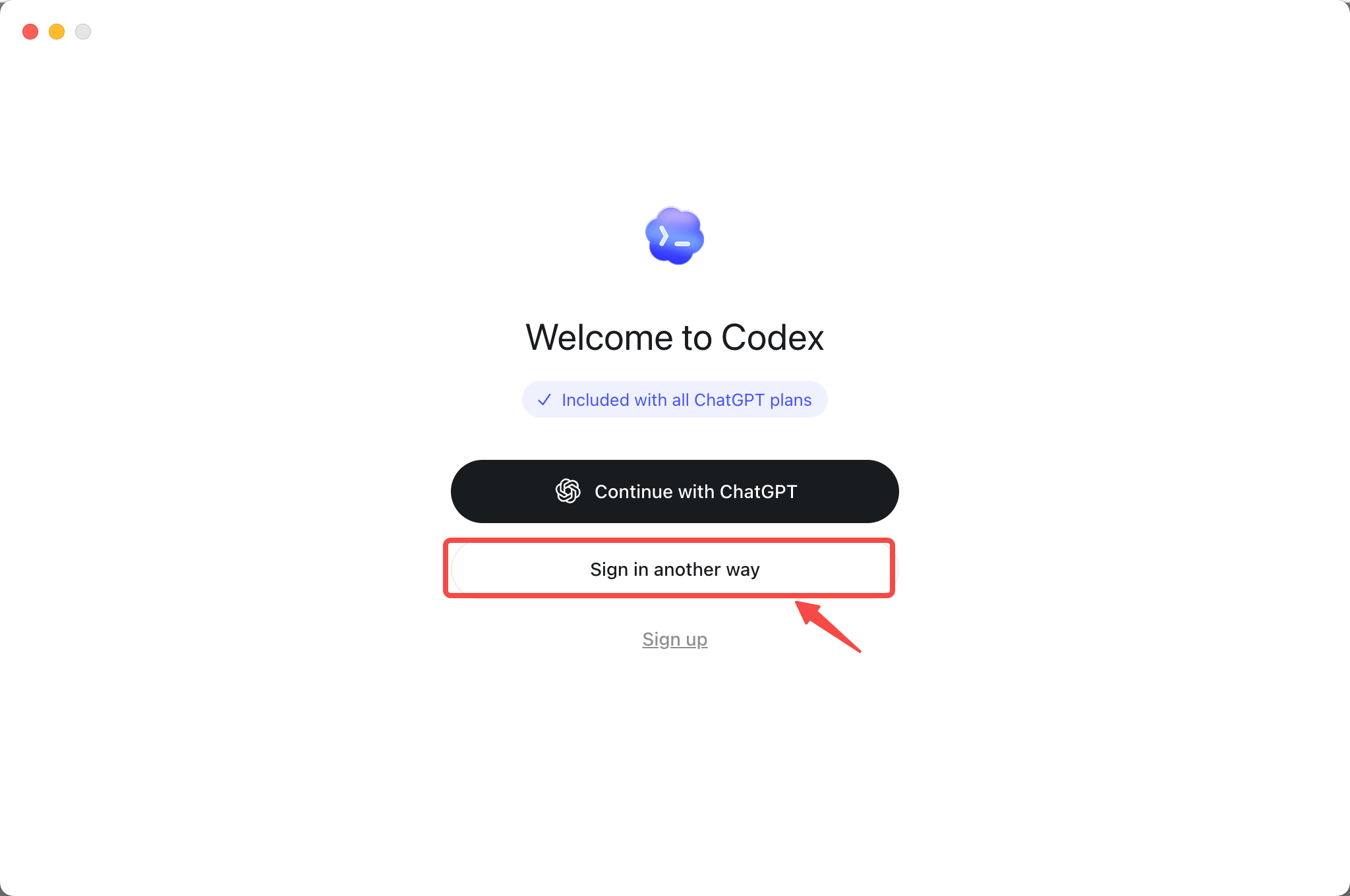 Choose another sign-in method in Codex Desktop